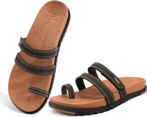 KuaiLu Womens Slides Sandals with Plantar Fasciitis Arch Support Fashion Comfort Adjustable Flat Sandals Ladies Lightweight Orthotic Slip on Sandals