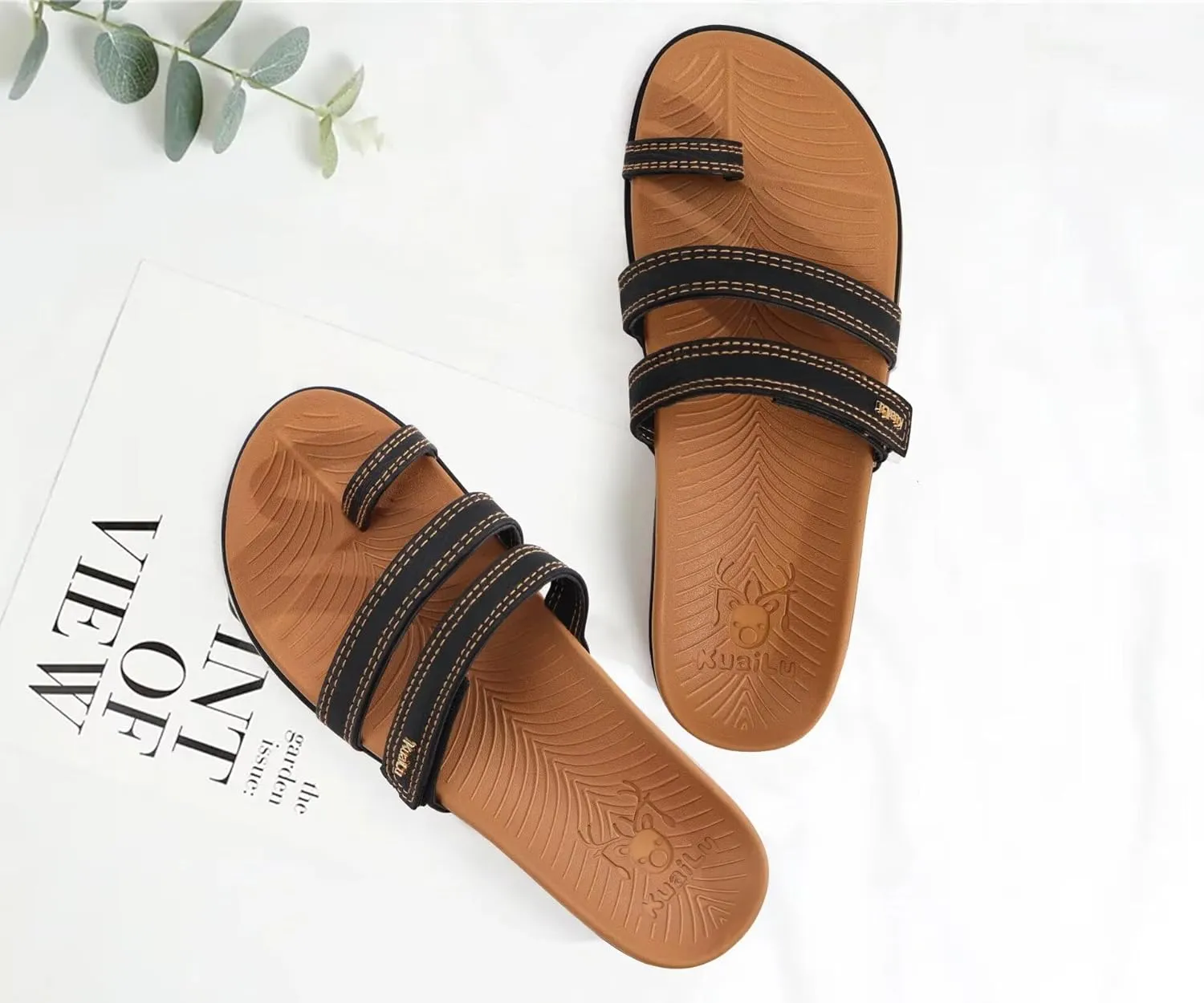 KuaiLu Womens Slides Sandals with Plantar Fasciitis Arch Support Fashion Comfort Adjustable Flat Sandals Ladies Lightweight Orthotic Slip on Sandals