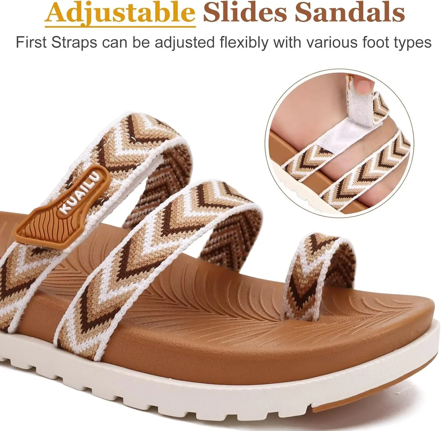 KuaiLu Womens Slides Sandals with Plantar Fasciitis Arch Support Fashion Comfort Adjustable Flat Sandals Ladies Lightweight Orthotic Slip on Sandals