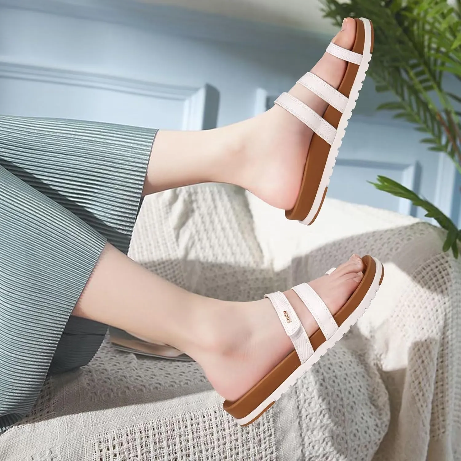 KuaiLu Womens Slides Sandals with Plantar Fasciitis Arch Support Fashion Comfort Adjustable Flat Sandals Ladies Lightweight Orthotic Slip on Sandals