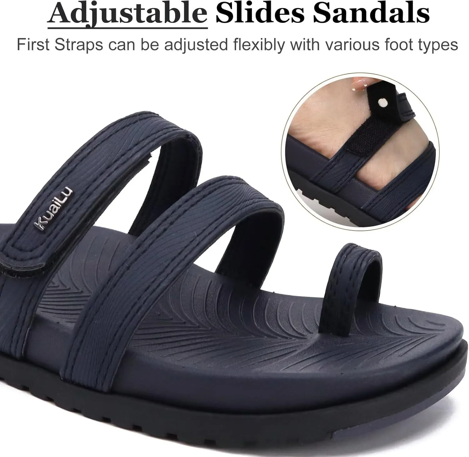 KuaiLu Womens Slides Sandals with Plantar Fasciitis Arch Support Fashion Comfort Adjustable Flat Sandals Ladies Lightweight Orthotic Slip on Sandals
