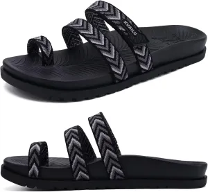 KuaiLu Womens Slides Sandals with Plantar Fasciitis Arch Support Fashion Comfort Adjustable Flat Sandals Ladies Lightweight Orthotic Slip on Sandals