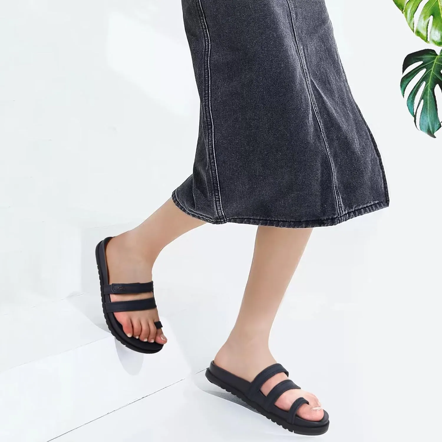 KuaiLu Womens Slides Sandals with Plantar Fasciitis Arch Support Fashion Comfort Adjustable Flat Sandals Ladies Lightweight Orthotic Slip on Sandals