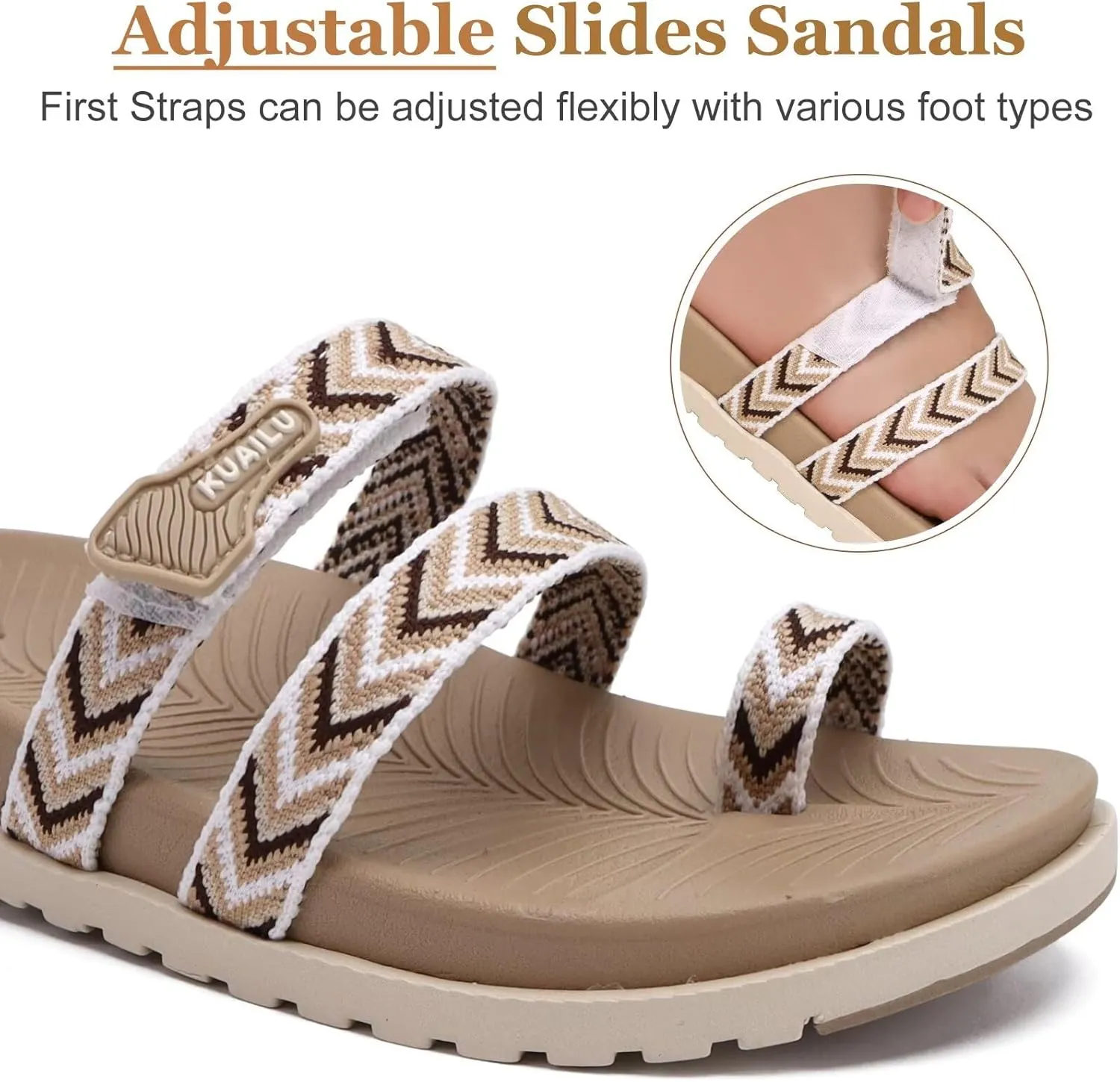 KuaiLu Womens Slides Sandals with Plantar Fasciitis Arch Support Fashion Comfort Adjustable Flat Sandals Ladies Lightweight Orthotic Slip on Sandals