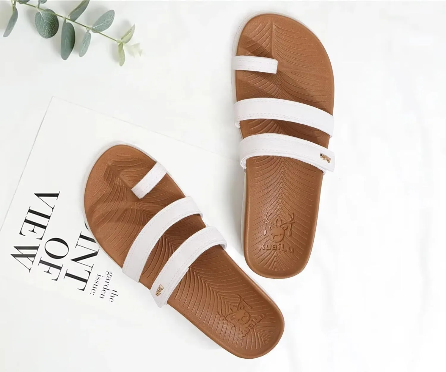 KuaiLu Womens Slides Sandals with Plantar Fasciitis Arch Support Fashion Comfort Adjustable Flat Sandals Ladies Lightweight Orthotic Slip on Sandals