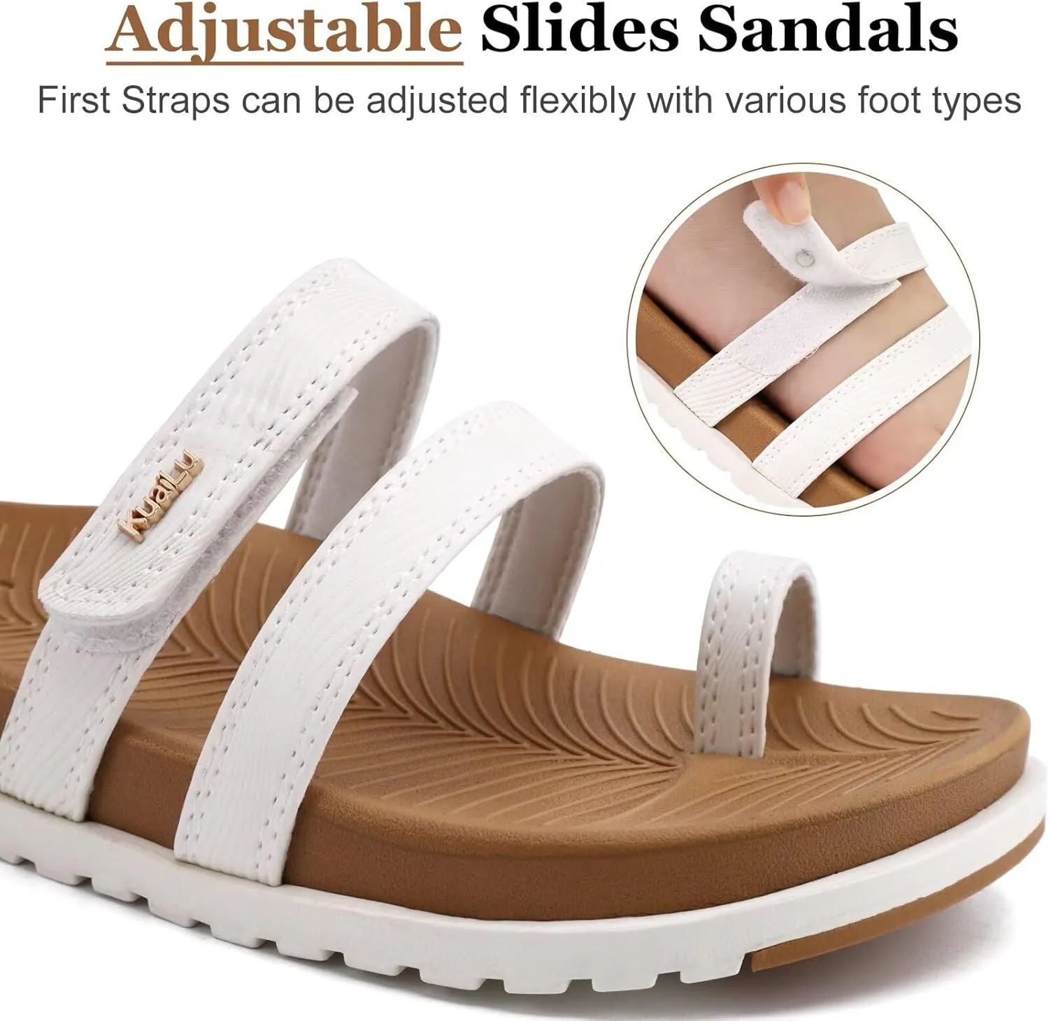 KuaiLu Womens Slides Sandals with Plantar Fasciitis Arch Support Fashion Comfort Adjustable Flat Sandals Ladies Lightweight Orthotic Slip on Sandals