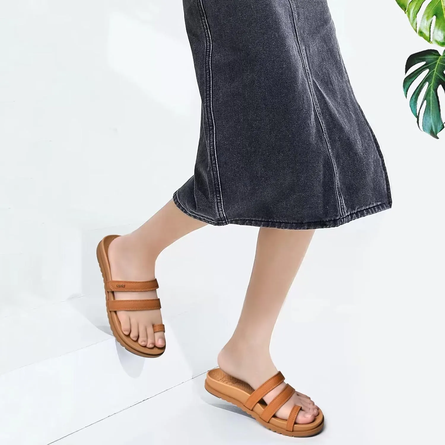 KuaiLu Womens Slides Sandals with Plantar Fasciitis Arch Support Fashion Comfort Adjustable Flat Sandals Ladies Lightweight Orthotic Slip on Sandals