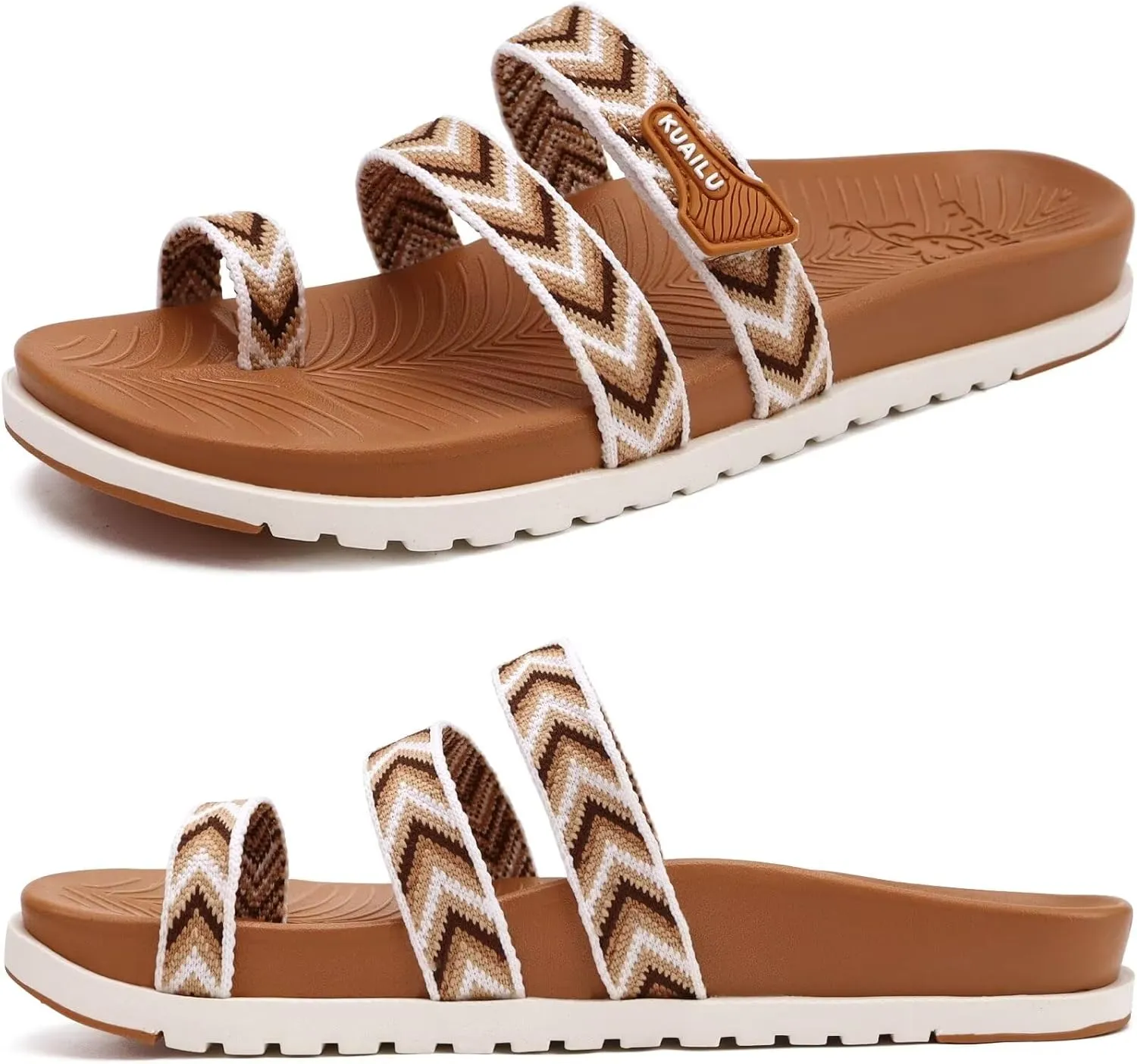 KuaiLu Womens Slides Sandals with Plantar Fasciitis Arch Support Fashion Comfort Adjustable Flat Sandals Ladies Lightweight Orthotic Slip on Sandals