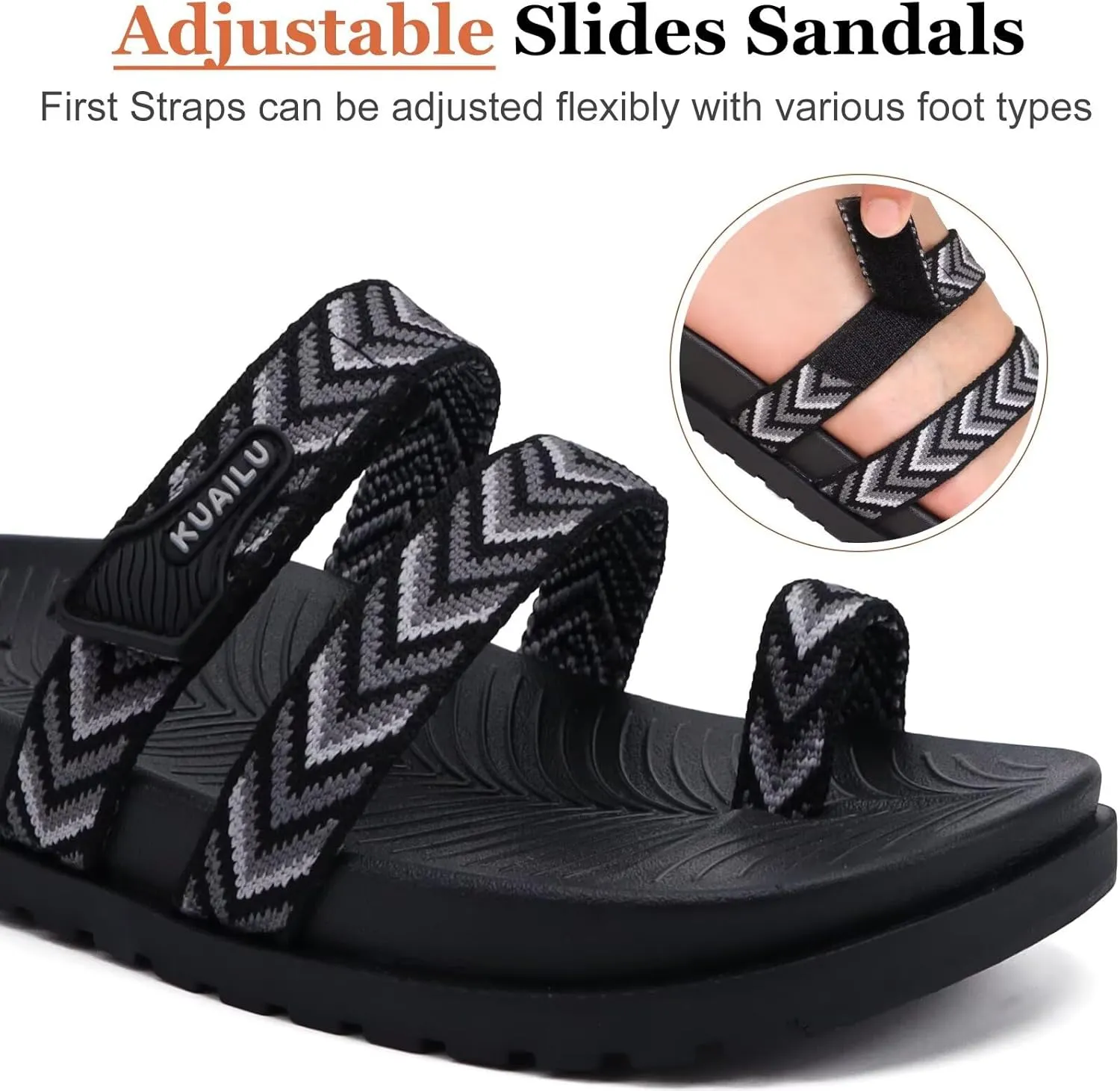 KuaiLu Womens Slides Sandals with Plantar Fasciitis Arch Support Fashion Comfort Adjustable Flat Sandals Ladies Lightweight Orthotic Slip on Sandals