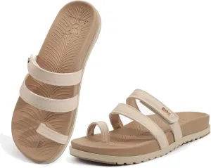 KuaiLu Womens Slides Sandals with Plantar Fasciitis Arch Support Fashion Comfort Adjustable Flat Sandals Ladies Lightweight Orthotic Slip on Sandals