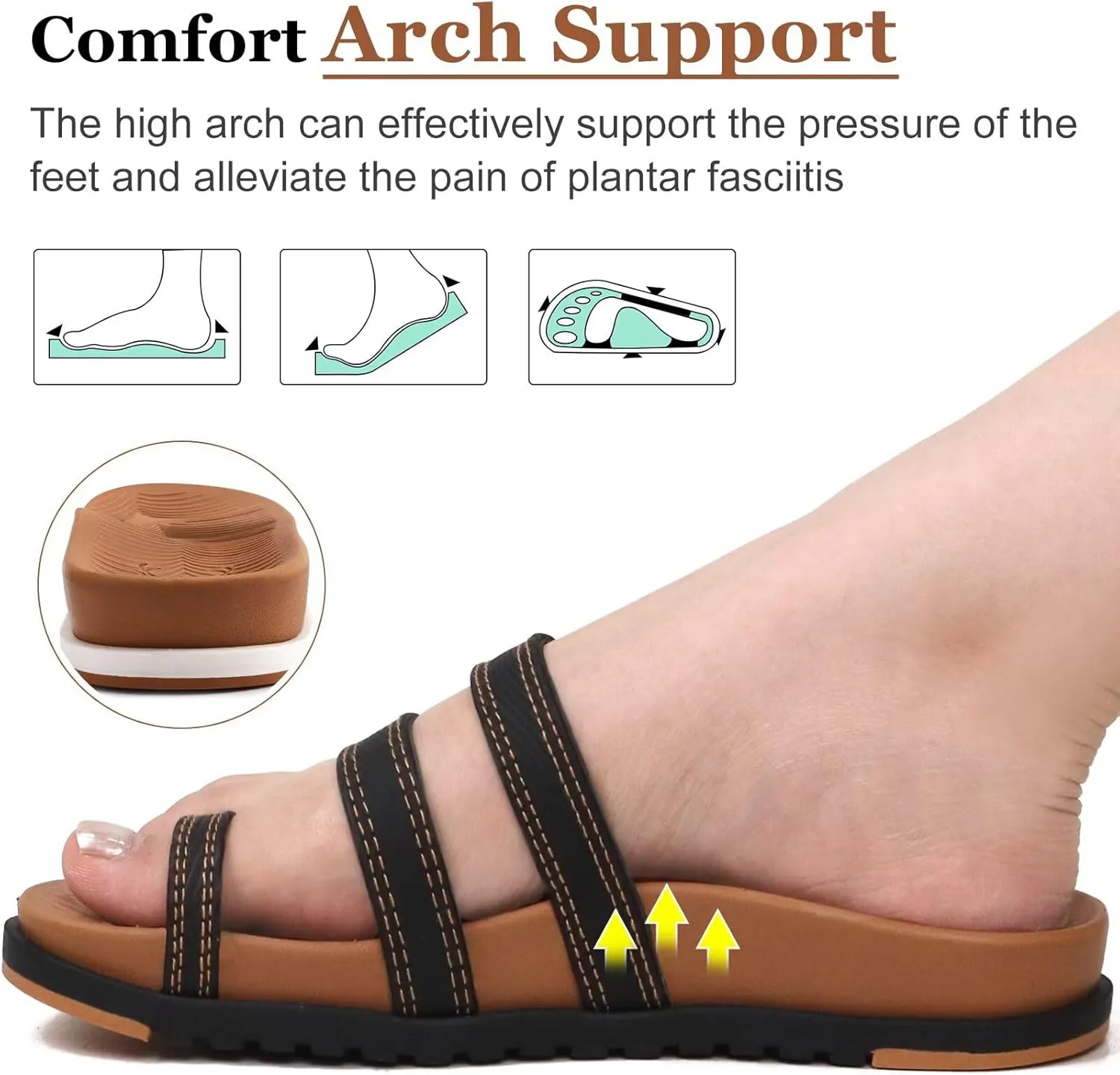 KuaiLu Womens Slides Sandals with Plantar Fasciitis Arch Support Fashion Comfort Adjustable Flat Sandals Ladies Lightweight Orthotic Slip on Sandals