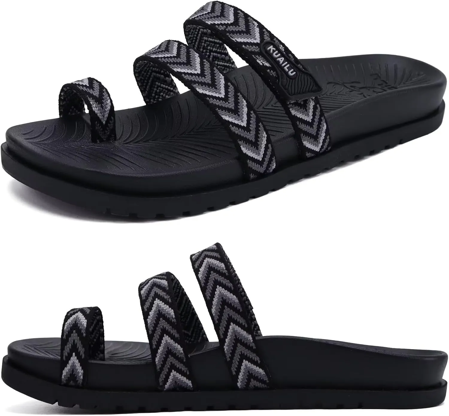 KuaiLu Womens Slides Sandals with Plantar Fasciitis Arch Support Fashion Comfort Adjustable Flat Sandals Ladies Lightweight Orthotic Slip on Sandals