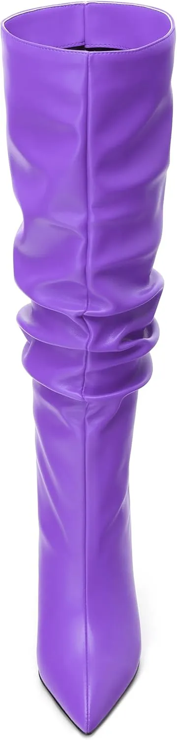 KUOARN Knee High Boots Women Stiletto High Heels Pointed Toe Wide Calf Boots for Women Comfortable Fashion Slouchy Tall Boots Pull on Dating Prom Party Dress Boots