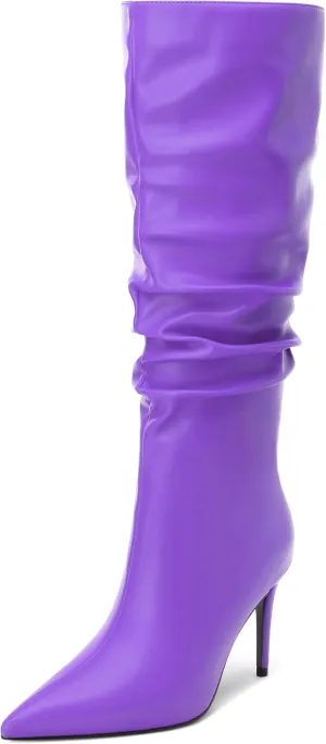 KUOARN Knee High Boots Women Stiletto High Heels Pointed Toe Wide Calf Boots for Women Comfortable Fashion Slouchy Tall Boots Pull on Dating Prom Party Dress Boots