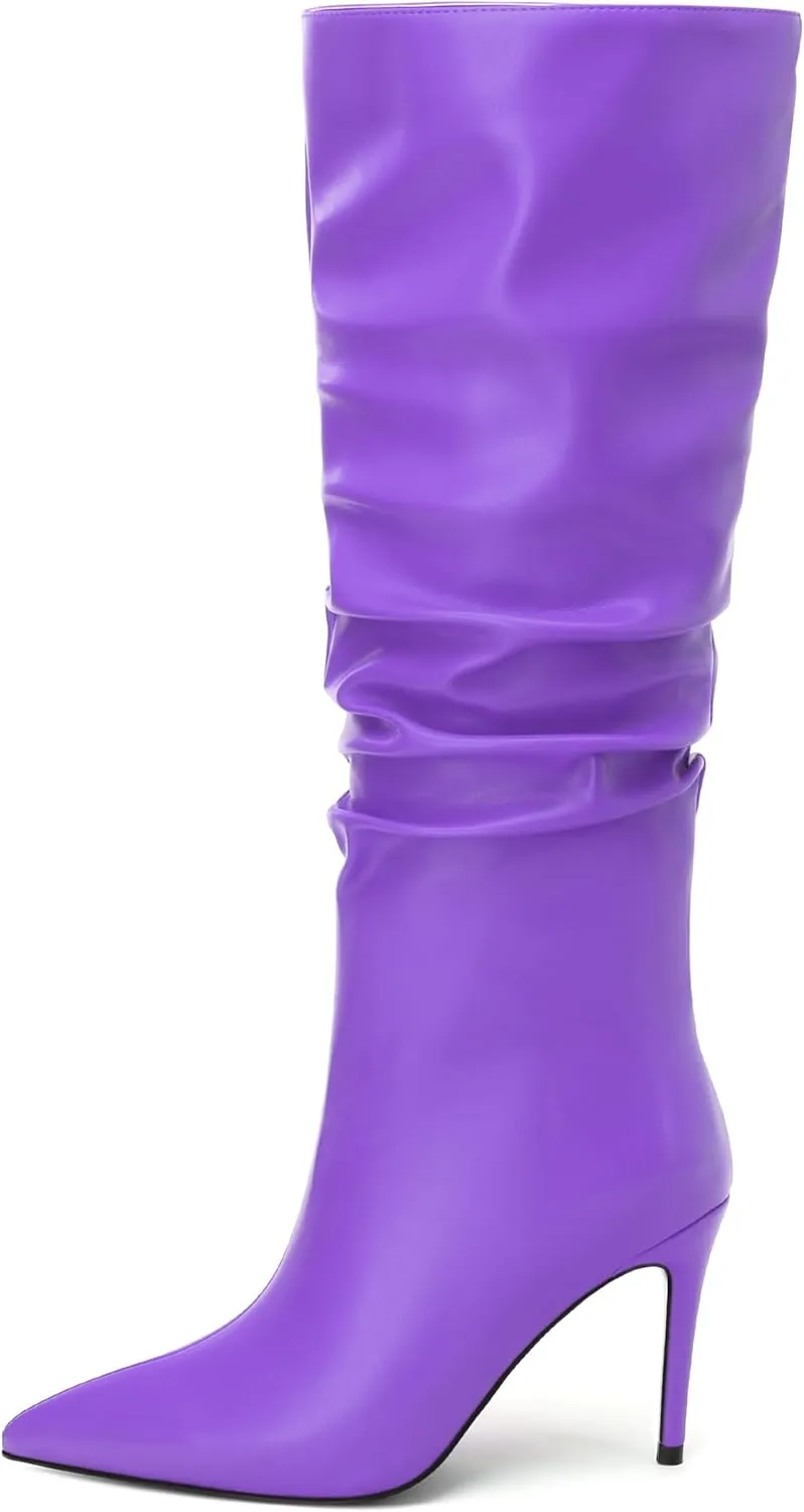 KUOARN Knee High Boots Women Stiletto High Heels Pointed Toe Wide Calf Boots for Women Comfortable Fashion Slouchy Tall Boots Pull on Dating Prom Party Dress Boots