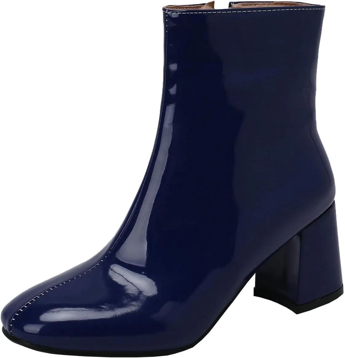 KysBloes Women Patent Leather GOGO Boots Square Toe Chunky Heel Ankle Boots Side Zip Block Heel Winter Booties