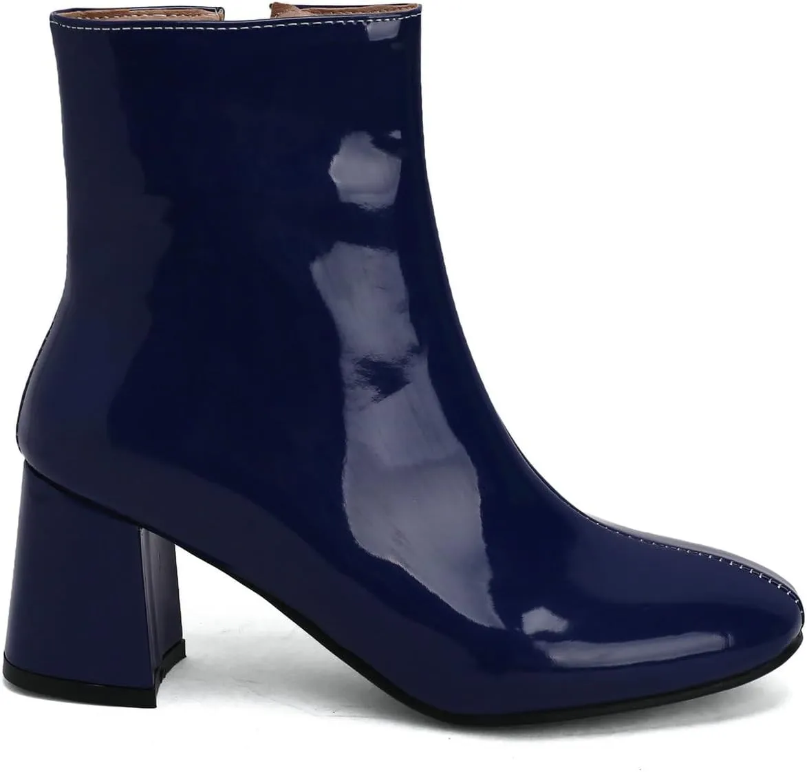 KysBloes Women Patent Leather GOGO Boots Square Toe Chunky Heel Ankle Boots Side Zip Block Heel Winter Booties