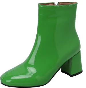 KysBloes Women Patent Leather GOGO Boots Square Toe Chunky Heel Ankle Boots Side Zip Block Heel Winter Booties