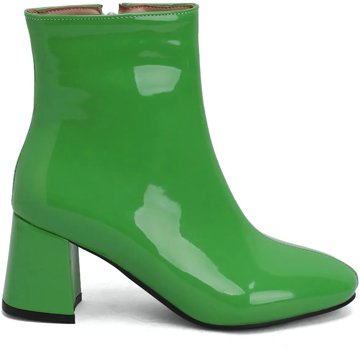 KysBloes Women Patent Leather GOGO Boots Square Toe Chunky Heel Ankle Boots Side Zip Block Heel Winter Booties