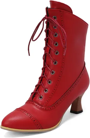 LanreyTaley Victorian Boots for Women Vintage Granny Boots Renaissance Ankle Boots Low Heel Lace Up Booties with Zipper