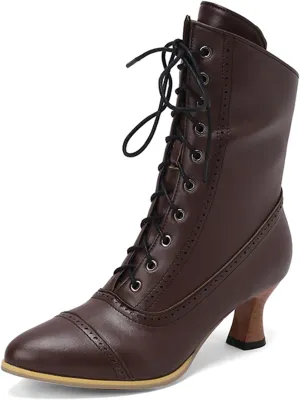 LanreyTaley Victorian Boots for Women Vintage Granny Boots Renaissance Ankle Boots Low Heel Lace Up Booties with Zipper