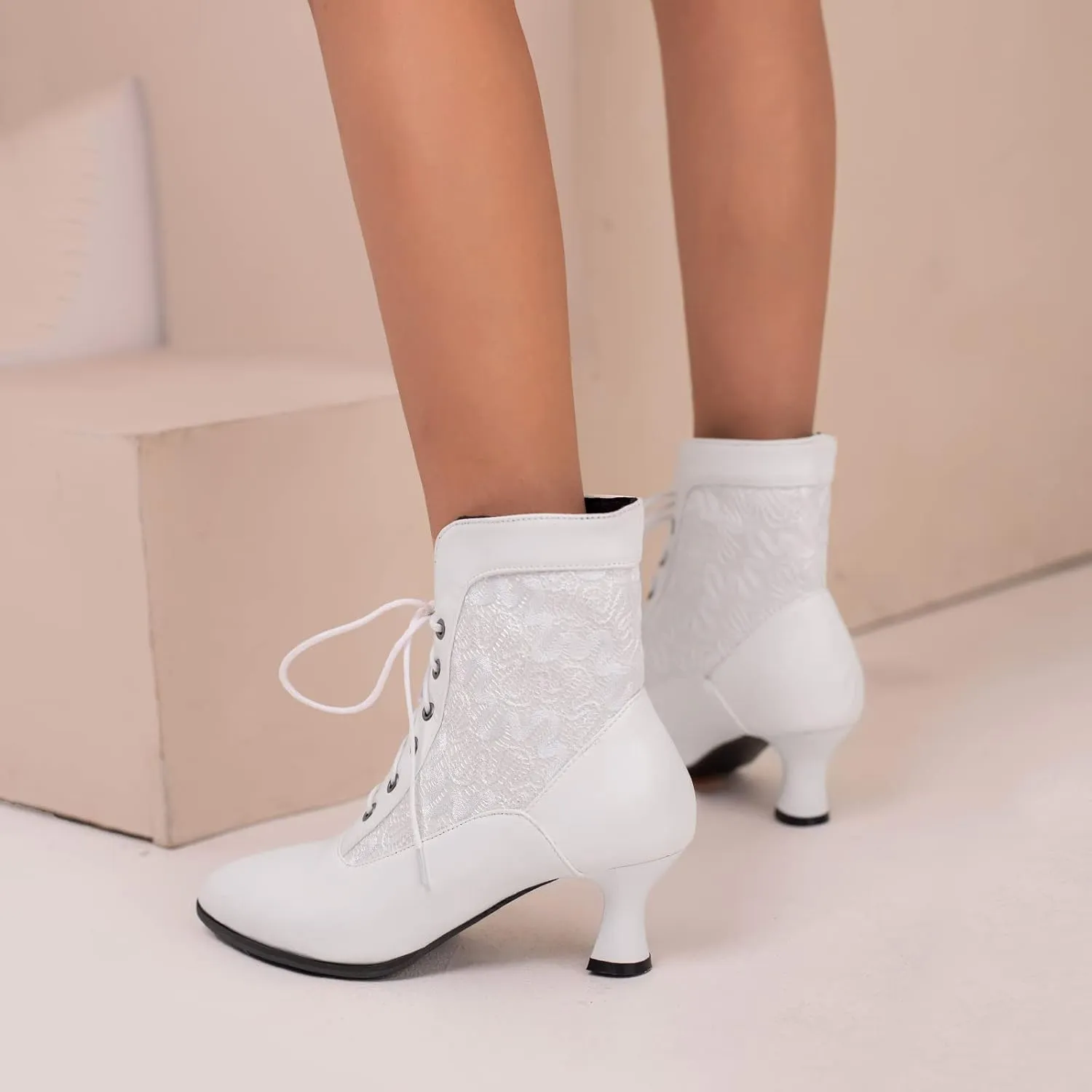 LanreyTaley Women Victorian Lace Booties Wedding Bridal Ankle Boots Witch Costume Boots Mid Heel