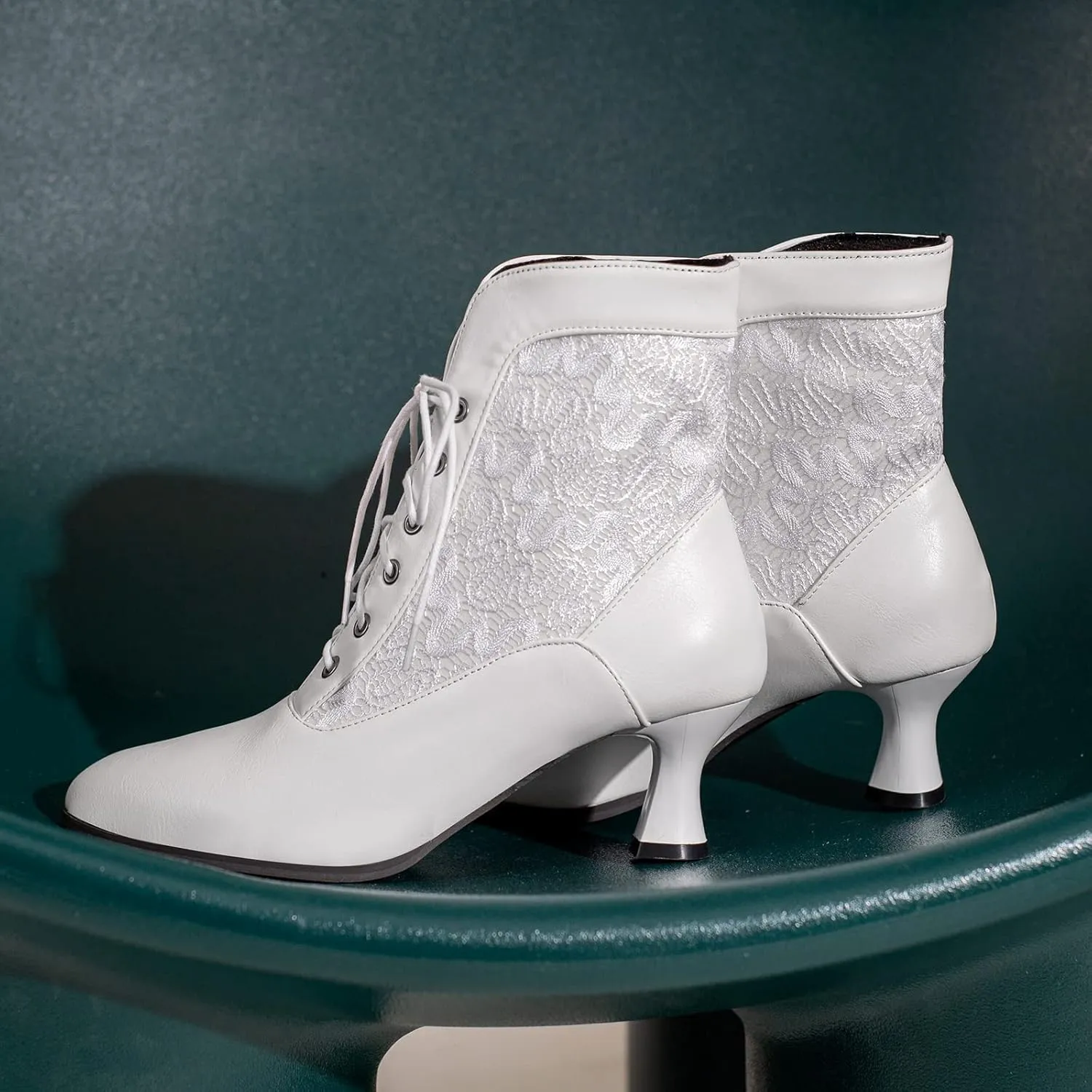 LanreyTaley Women Victorian Lace Booties Wedding Bridal Ankle Boots Witch Costume Boots Mid Heel