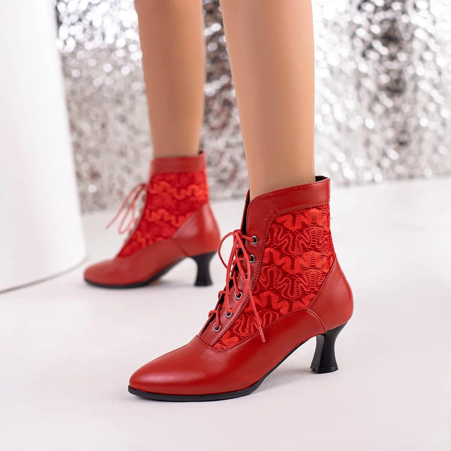 LanreyTaley Women Victorian Lace Booties Wedding Bridal Ankle Boots Witch Costume Boots Mid Heel