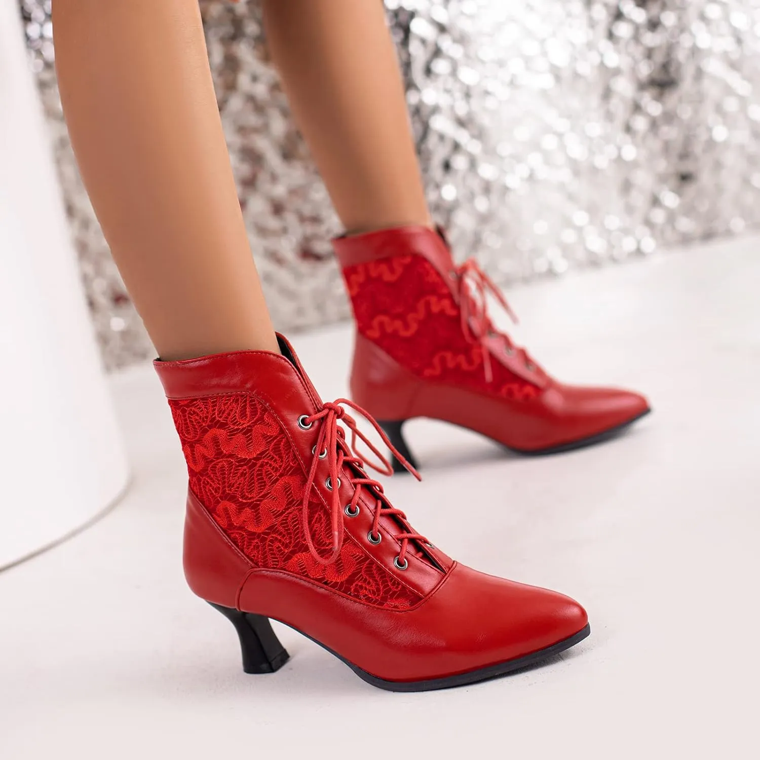 LanreyTaley Women Victorian Lace Booties Wedding Bridal Ankle Boots Witch Costume Boots Mid Heel