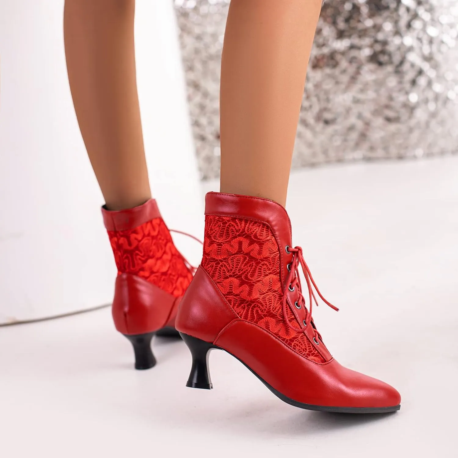 LanreyTaley Women Victorian Lace Booties Wedding Bridal Ankle Boots Witch Costume Boots Mid Heel