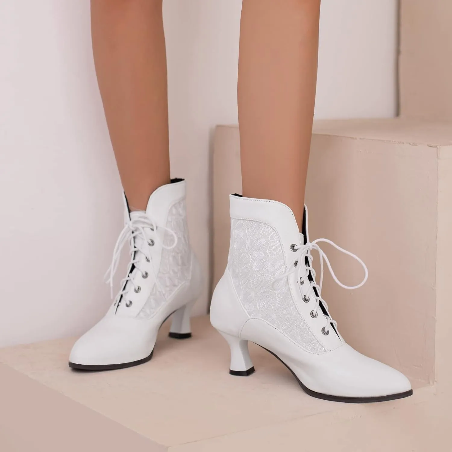 LanreyTaley Women Victorian Lace Booties Wedding Bridal Ankle Boots Witch Costume Boots Mid Heel