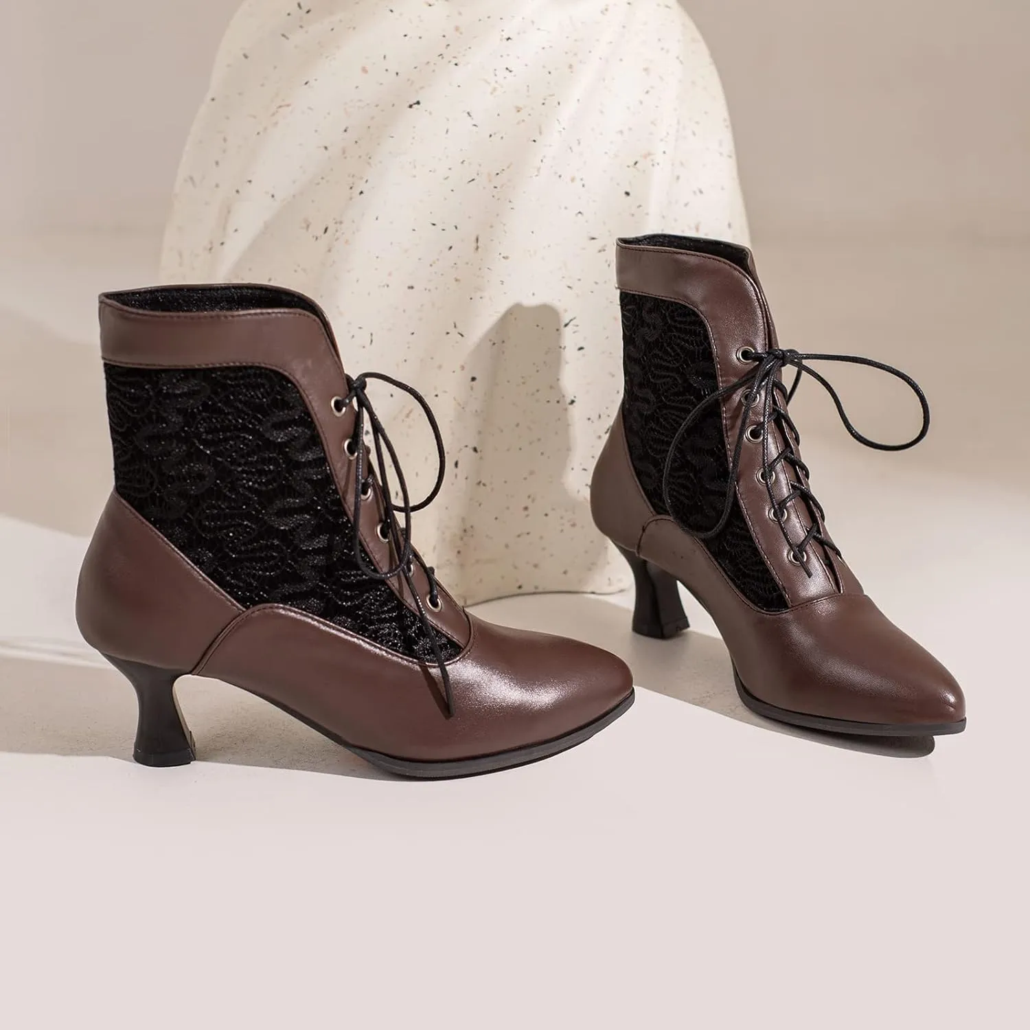 LanreyTaley Women Victorian Lace Booties Wedding Bridal Ankle Boots Witch Costume Boots Mid Heel