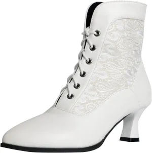 LanreyTaley Women Victorian Lace Booties Wedding Bridal Ankle Boots Witch Costume Boots Mid Heel