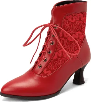 LanreyTaley Women Victorian Lace Booties Wedding Bridal Ankle Boots Witch Costume Boots Mid Heel