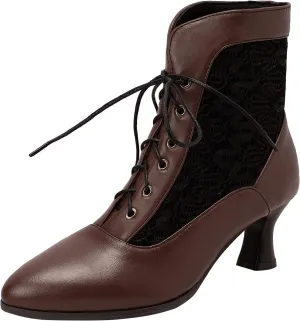 LanreyTaley Women Victorian Lace Booties Wedding Bridal Ankle Boots Witch Costume Boots Mid Heel