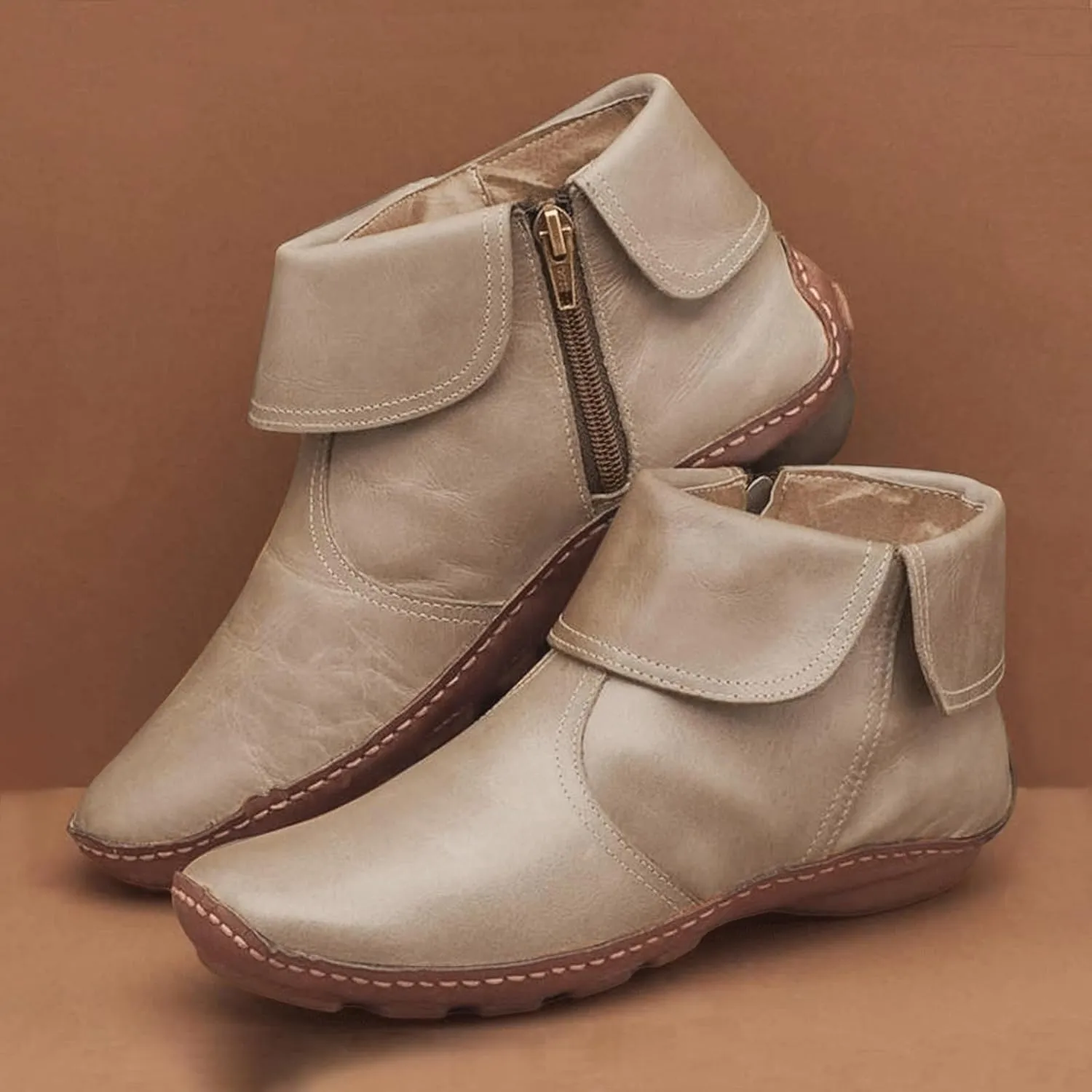 Leather Ankle Boots for Women Flat Heel Round Toe Booties Side Zip Vintage Boots Low Heel Arch Support Booties