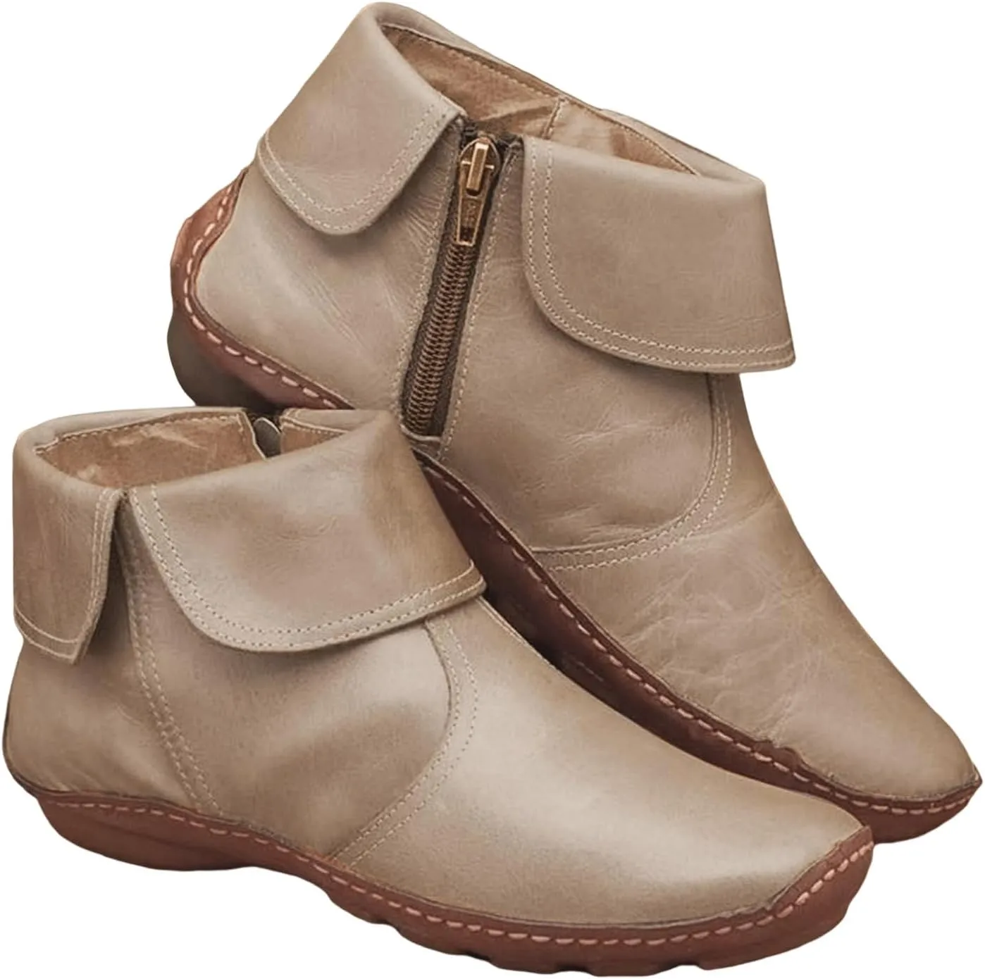 Leather Ankle Boots for Women Flat Heel Round Toe Booties Side Zip Vintage Boots Low Heel Arch Support Booties