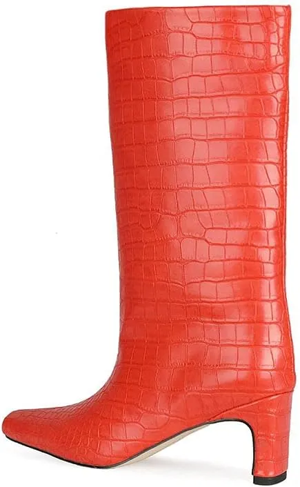 LEHOOR Women Wide Calf Knee High Boots Low Chunky Block Heel Pull On Mid Calf Crocodile Boots Square Toe Fall Fashion Tall Winter Boot Kitten Heel Warm Dressy Casual Party Long Riding Boots 4-12 M US