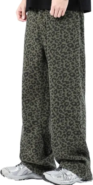 Leopard Print Baggy Jeans for Mens Hip Hop Loose fit Y2K Vintage Denim Pants Chic Street Style Wide Leg Jeans Pants