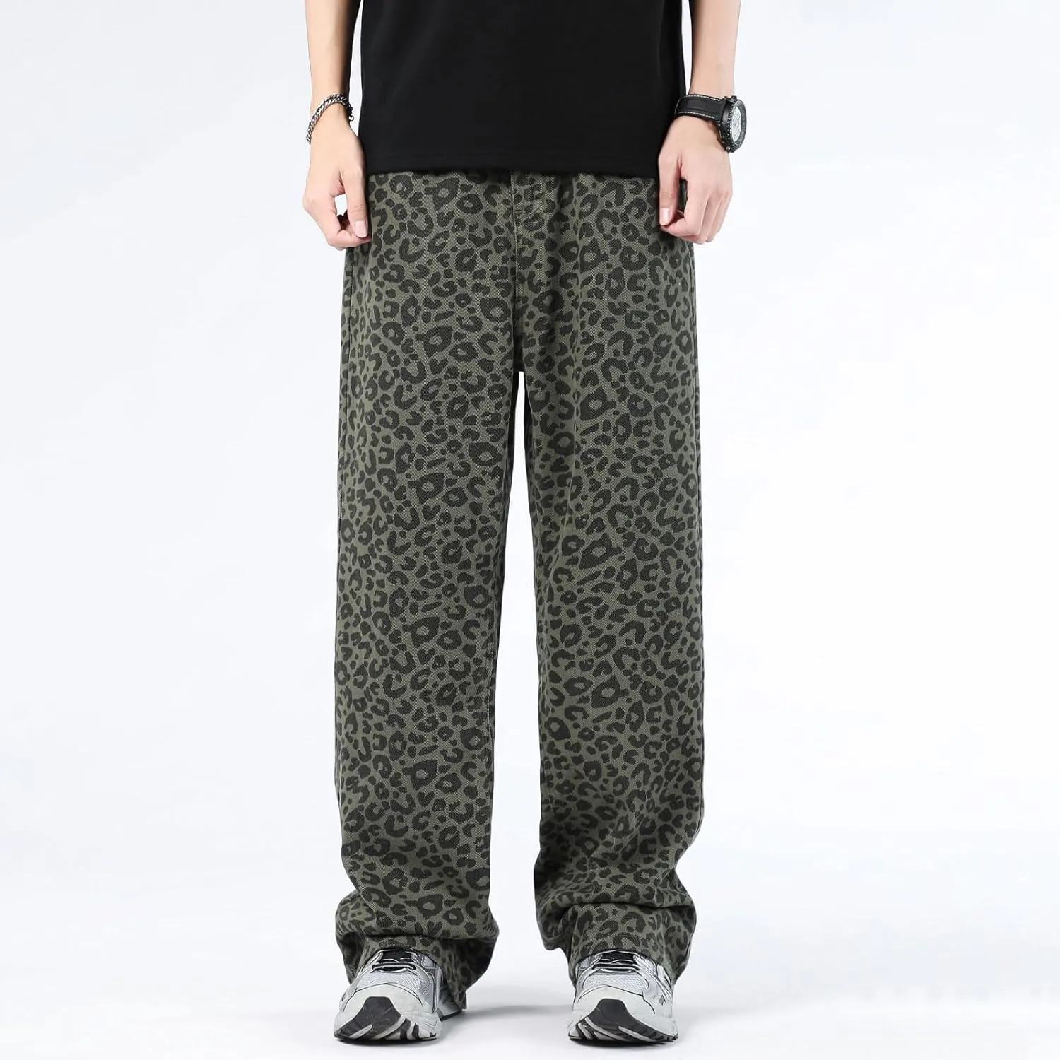 Leopard Print Baggy Jeans for Mens Hip Hop Loose fit Y2K Vintage Denim Pants Chic Street Style Wide Leg Jeans Pants