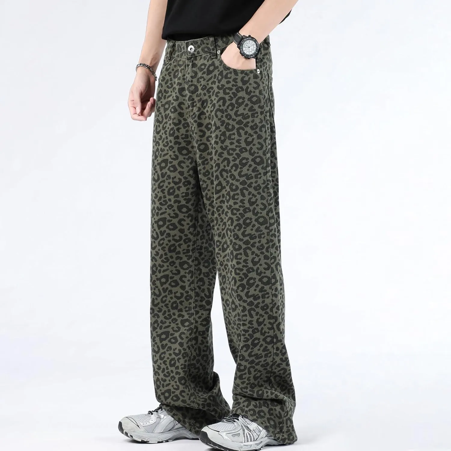 Leopard Print Baggy Jeans for Mens Hip Hop Loose fit Y2K Vintage Denim Pants Chic Street Style Wide Leg Jeans Pants