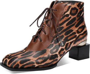 Leopard Print Boots For Women Square Toe Lace Up Ankle Wide Calf Booties Botas Para Mujer Leather Chunky Block Dress Warm Lined Cowboy Cowgirl Ladies 2 Inch High Heels