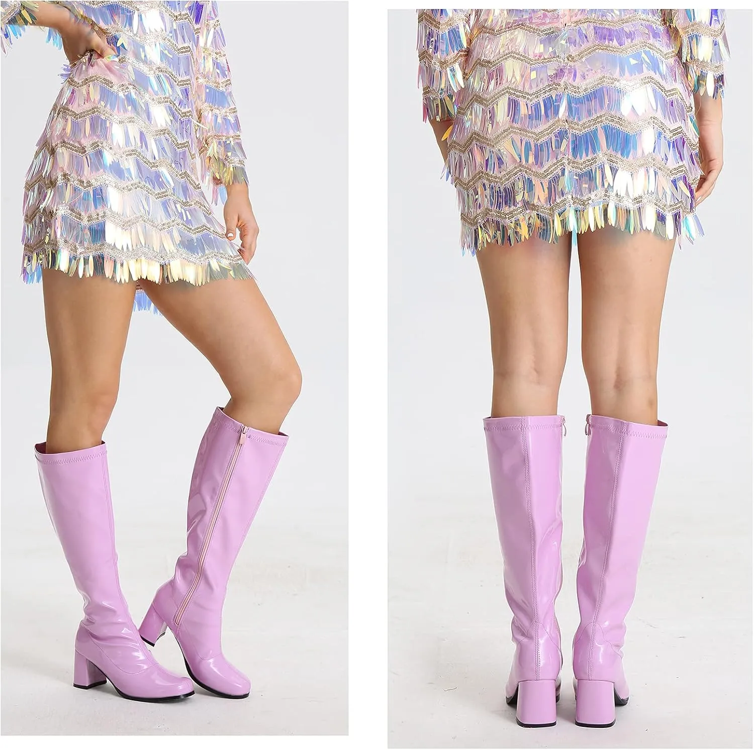 LIURUIJIA Women's Gogo Boots Knee High Block Heel Square Toe 70s Disco Costume Boots