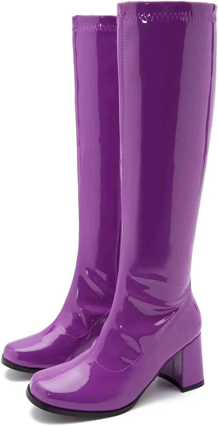 LIURUIJIA Women's Gogo Boots Knee High Block Heel Square Toe 70s Disco Costume Boots