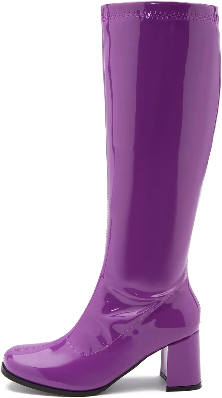 LIURUIJIA Women's Gogo Boots Knee High Block Heel Square Toe 70s Disco Costume Boots