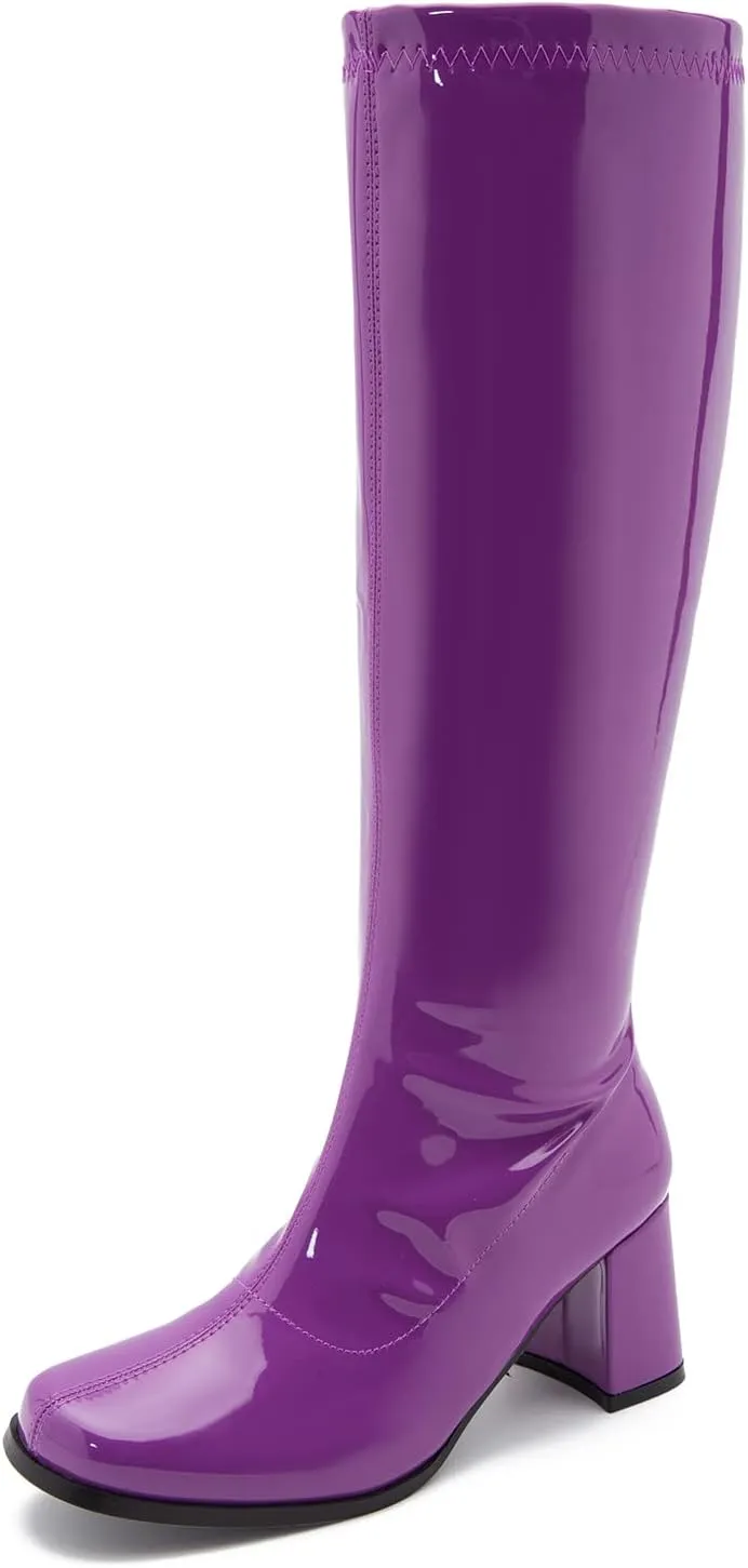 LIURUIJIA Women's Gogo Boots Knee High Block Heel Square Toe 70s Disco Costume Boots