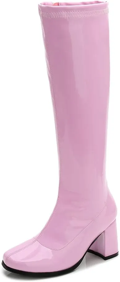 LIURUIJIA Women's Gogo Boots Knee High Block Heel Square Toe 70s Disco Costume Boots