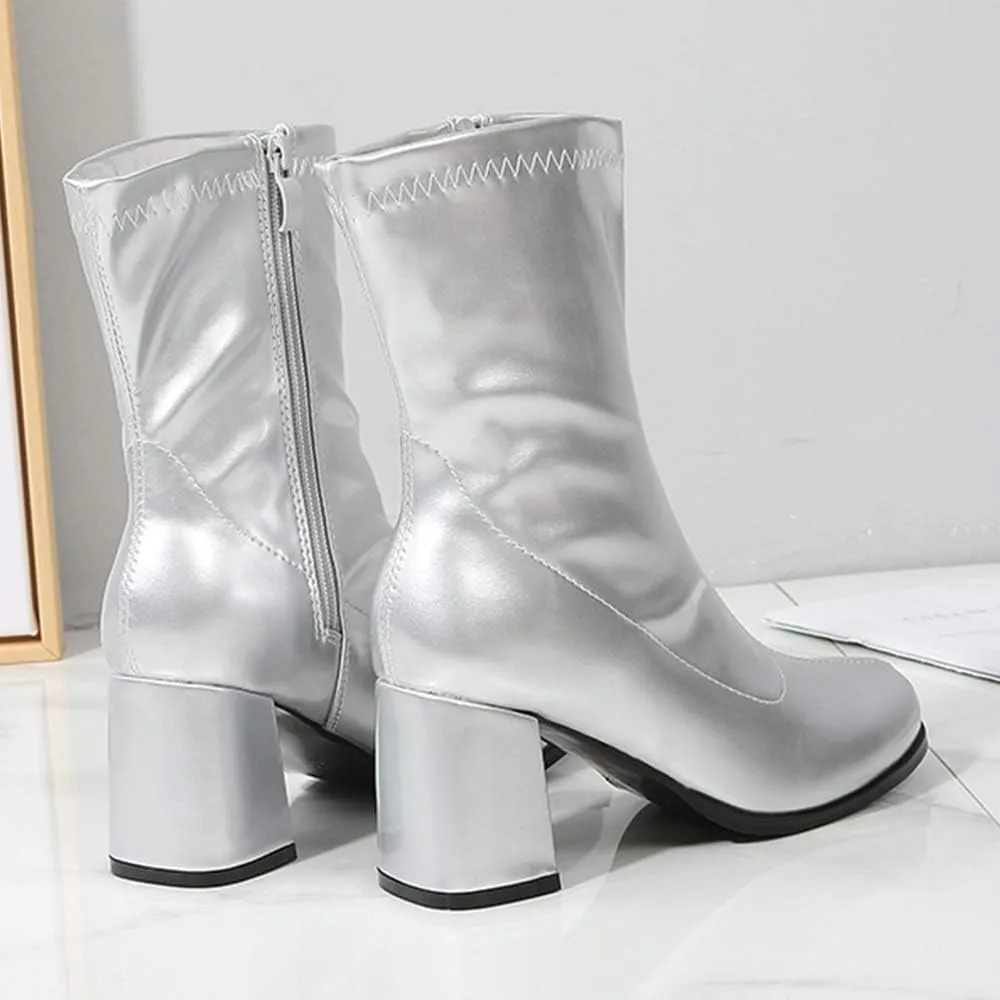 LIURUIJIA Women's Gogo Boots Mid Calf Block Heel Square Toe Zipper Boots Low Heel Short Booties