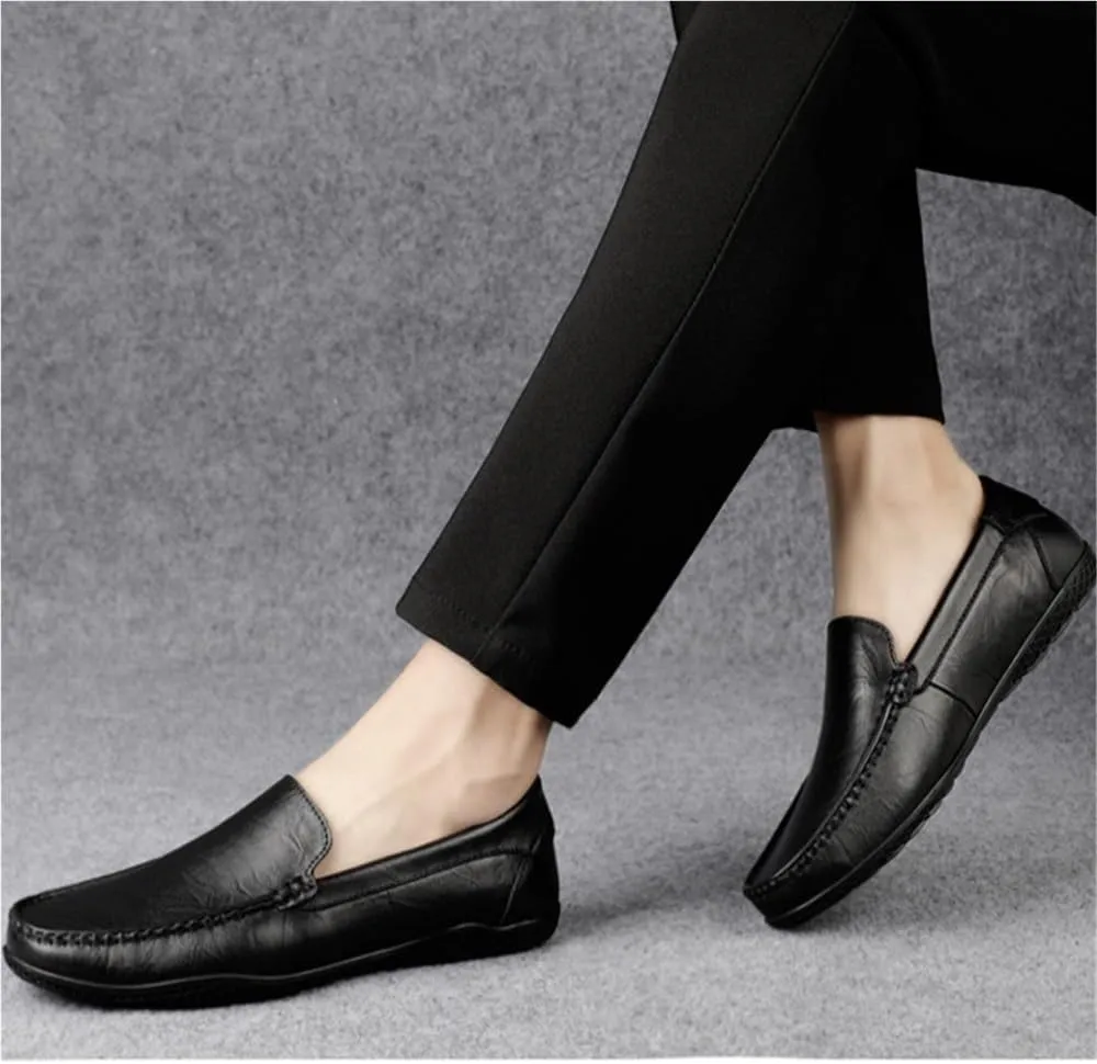 Loafers for Men Lightweight Slip-on Anti-Slip Resistant Simple Round Toe Solid Color Leather Loafers