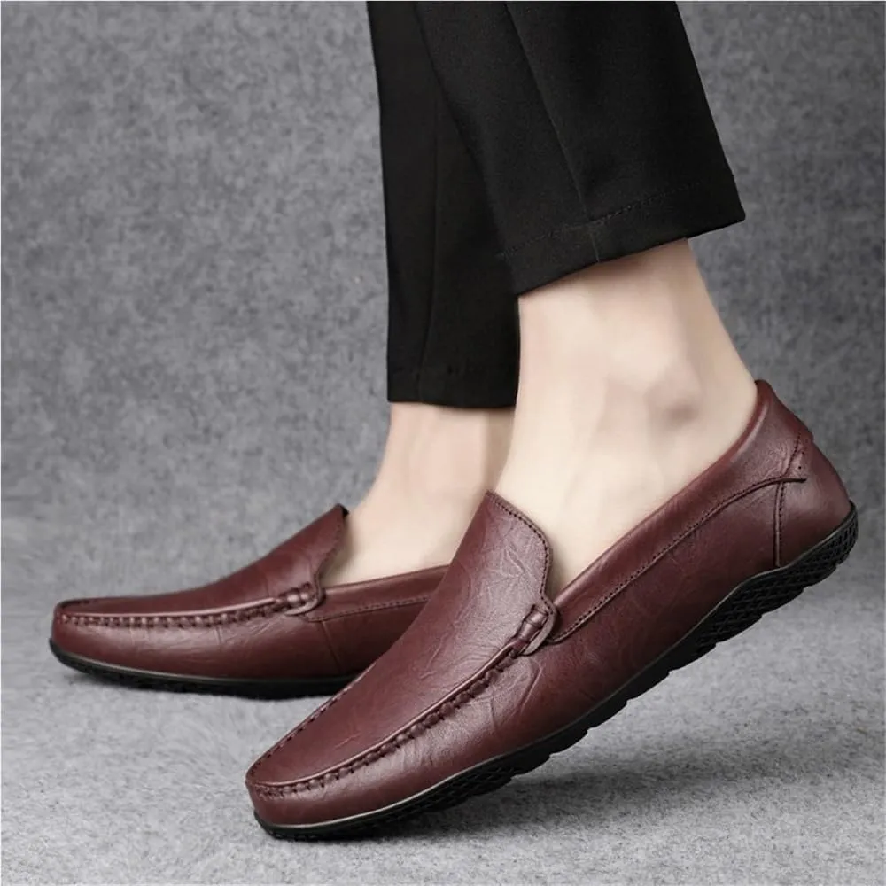 Loafers for Men Lightweight Slip-on Anti-Slip Resistant Simple Round Toe Solid Color Leather Loafers